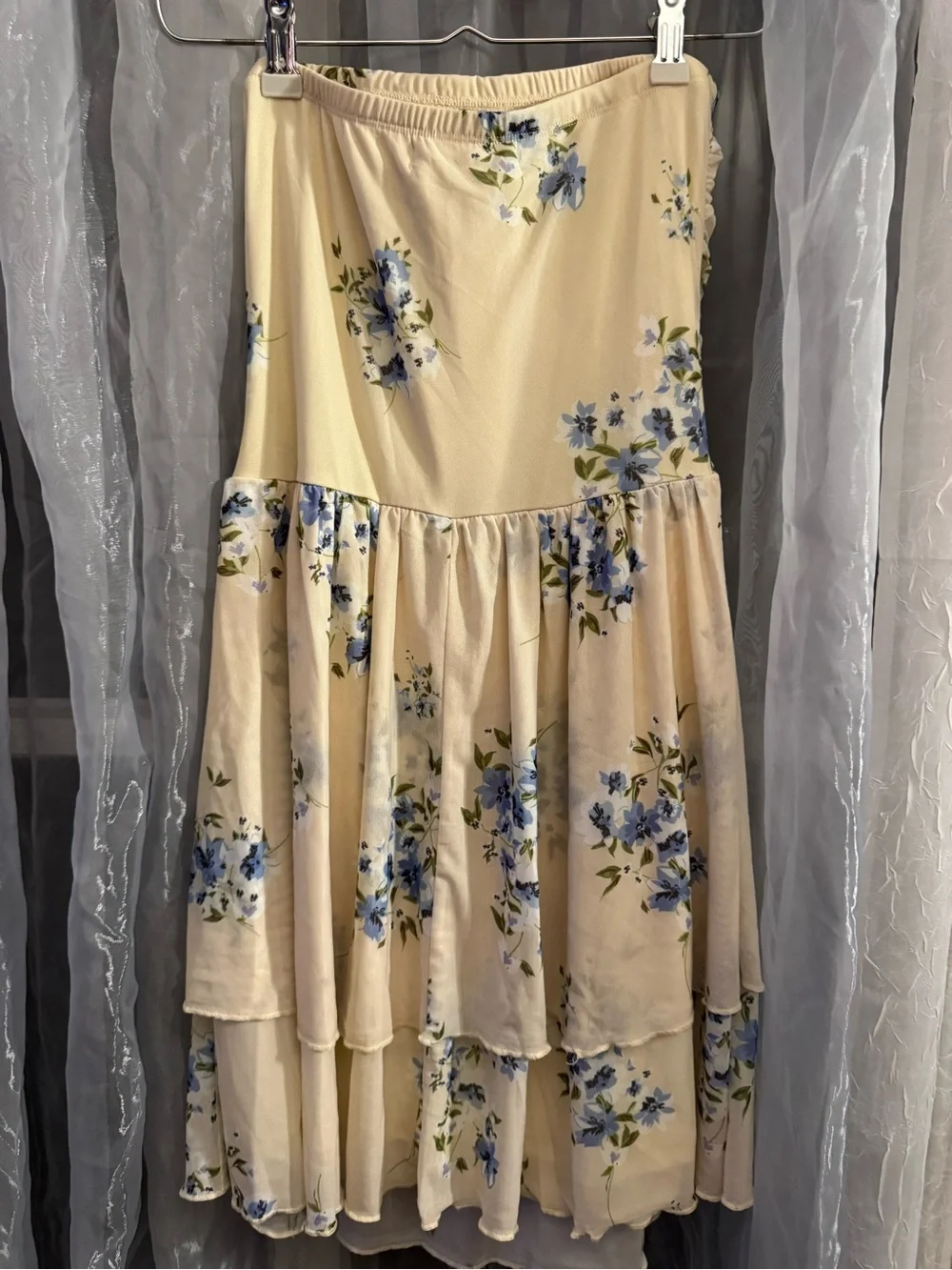 Merokeety Strapless Floral Midi Dress in Cream with Blue Blossoms